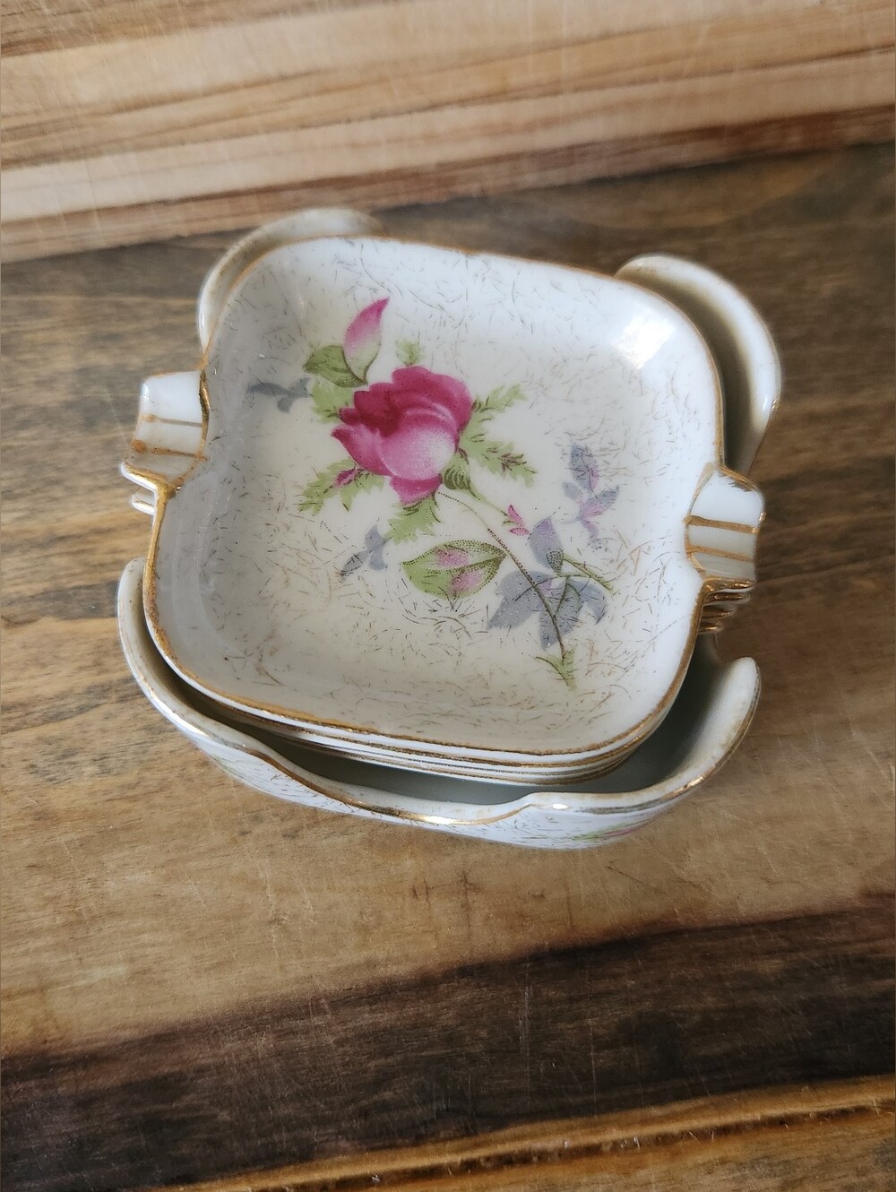 Vintage porcelain stacking mini ashtrays with a Matching Caddy Made In JAPAN